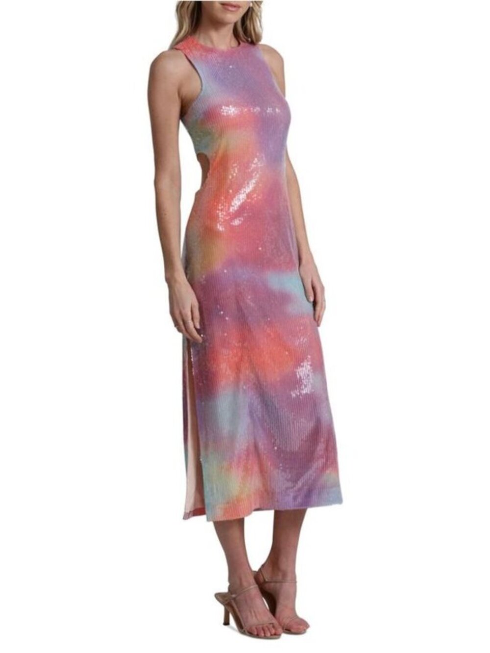 Avec Les Filles Dress Tie Dye Sequin Cut Out Cocktail Midi Rainbow New NWT 10